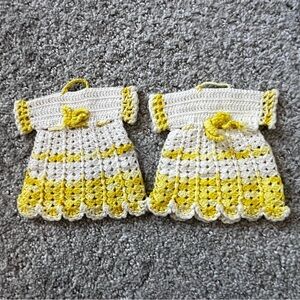 Hand Crocheted Doll Dress Hanging Pot Holders Yellow White Hanging Vintage 2x
